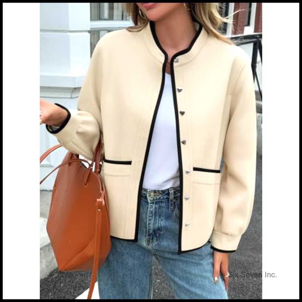 Button Down Bomber Jacket Puff Sleeve Cropped Pea… - image 2